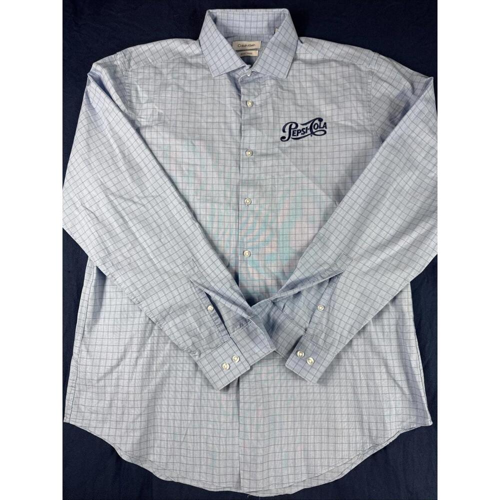 Pepsi Cola Script Calvin Klein Men's Slim Stretch Blue Dress Shirt 16.5 34/35